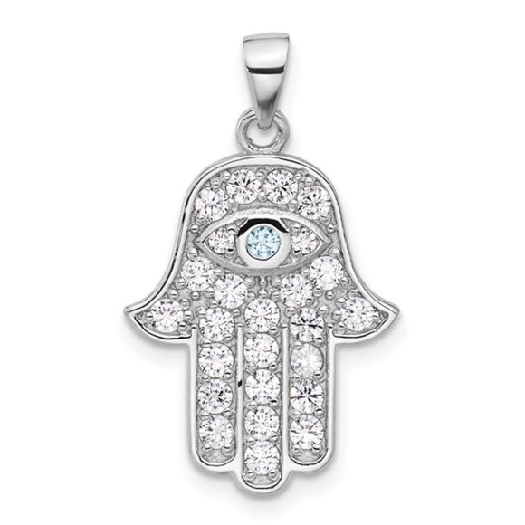 925 Sterling Silver Created White & Blue CZ Hamsa Hand Eye Hand Charm Pendant - Picture 1 of 4